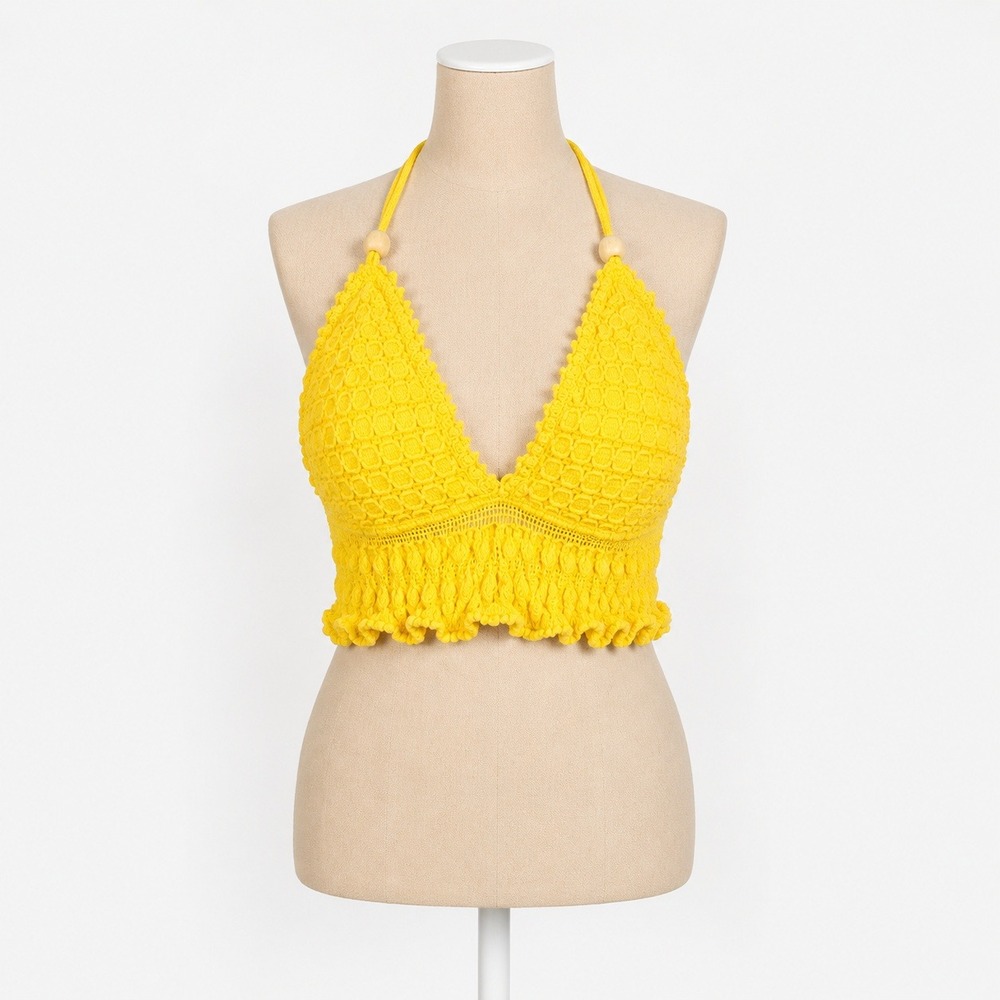 Handmade Crochet Babydoll Crop Top Butter Yellow Halter Festival Boho Beach Vaca
